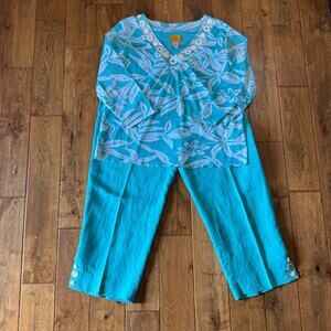 Ruby Rd Capri Pants Womens 14 and Blouse XL Teal Linen Blend Embellished Beaded